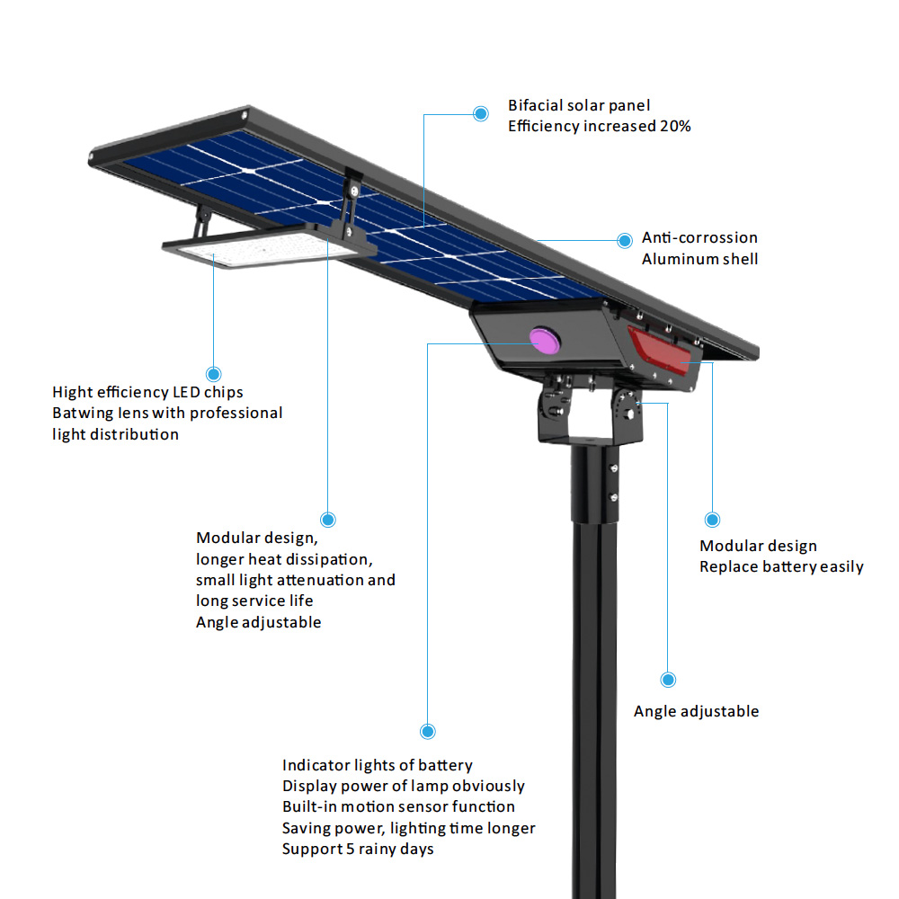 Integrated solar LED street light 80w LiFePO4 battery Mic LED