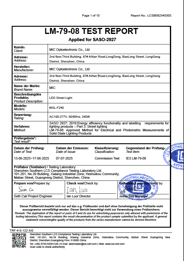 MSL-F240 LM-79-08 TEST REPORT