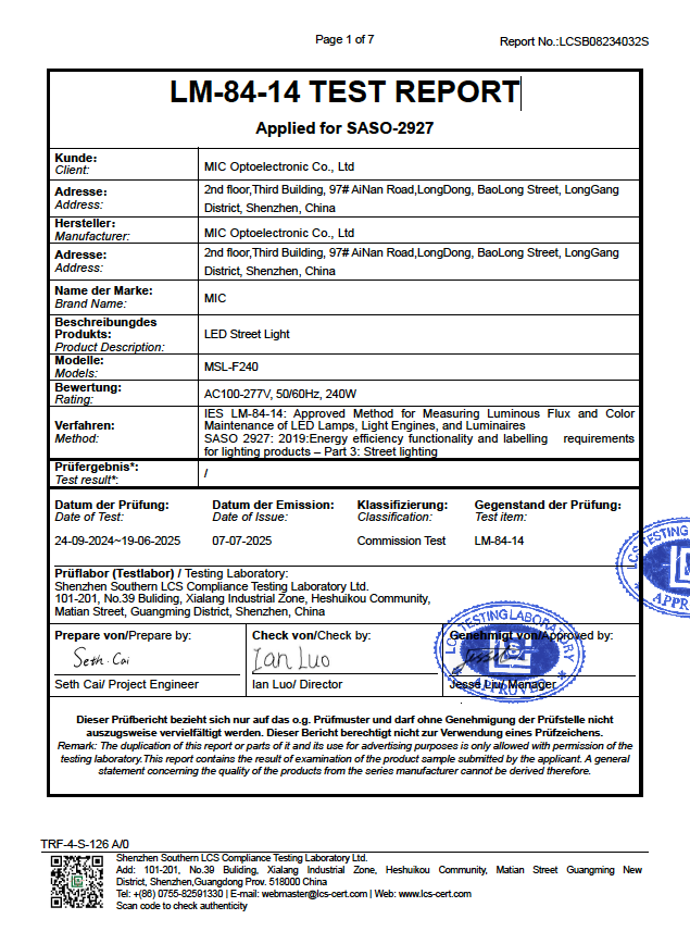MSL-F240-LM-84-14 TEST REPORT