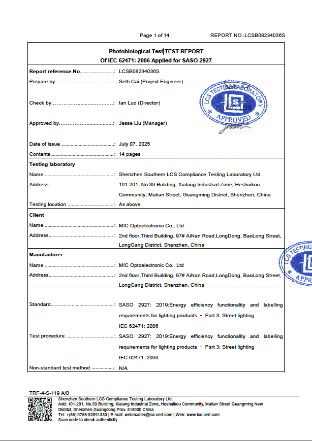 MSL-F240 Photobiological Test report